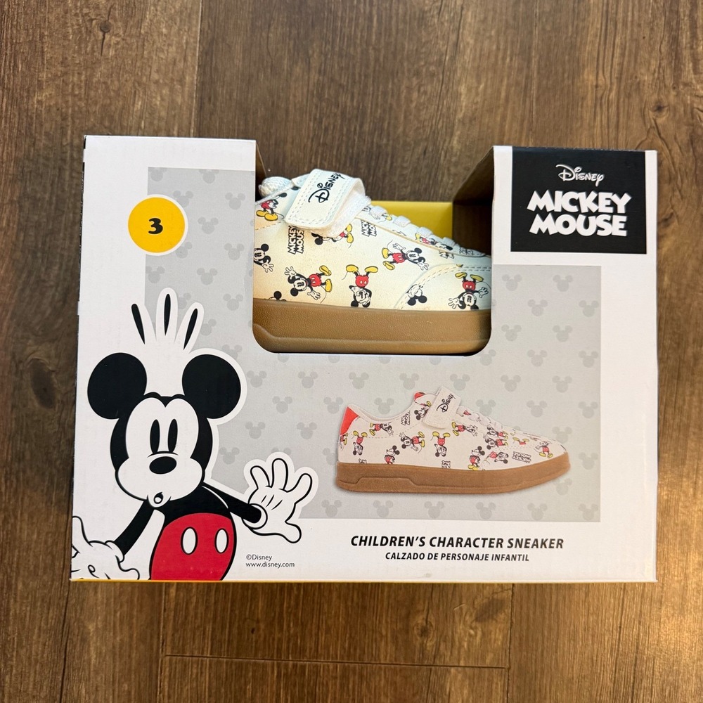 Disney Mickey Mouse Sneakers Kids Size 3 Cream Red Character Gum Sole Shoes - Picture 2 of 6